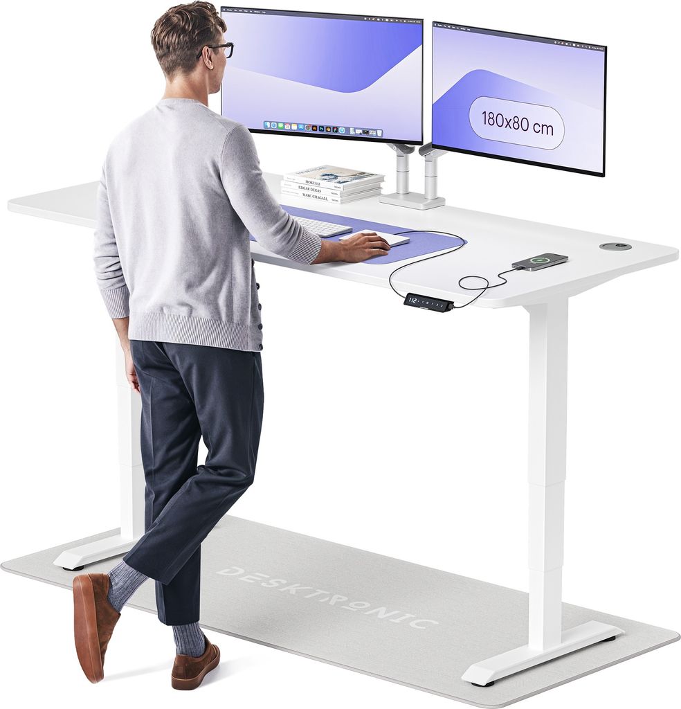 Desktronic HomePro Elektrisch höhenverstellbarer Schreibtisch 180x80cm Weiß/Weiß mit Memory-Funktion, Anti-Kollisions Technologie, USB-A und USB...