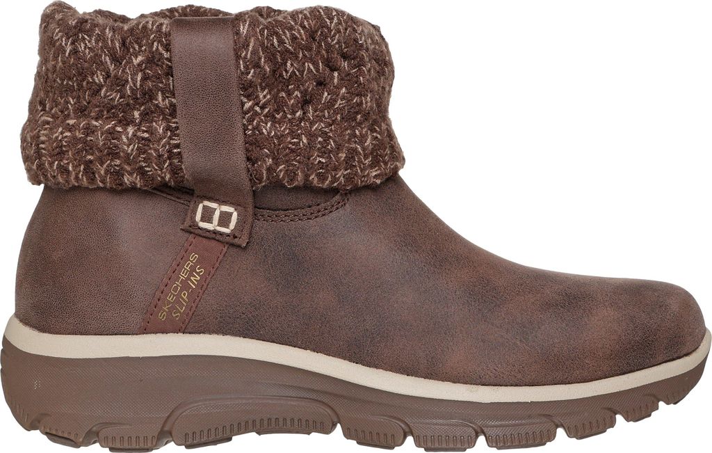 A single brown boot with a knitted cuff is shown against a white background.
