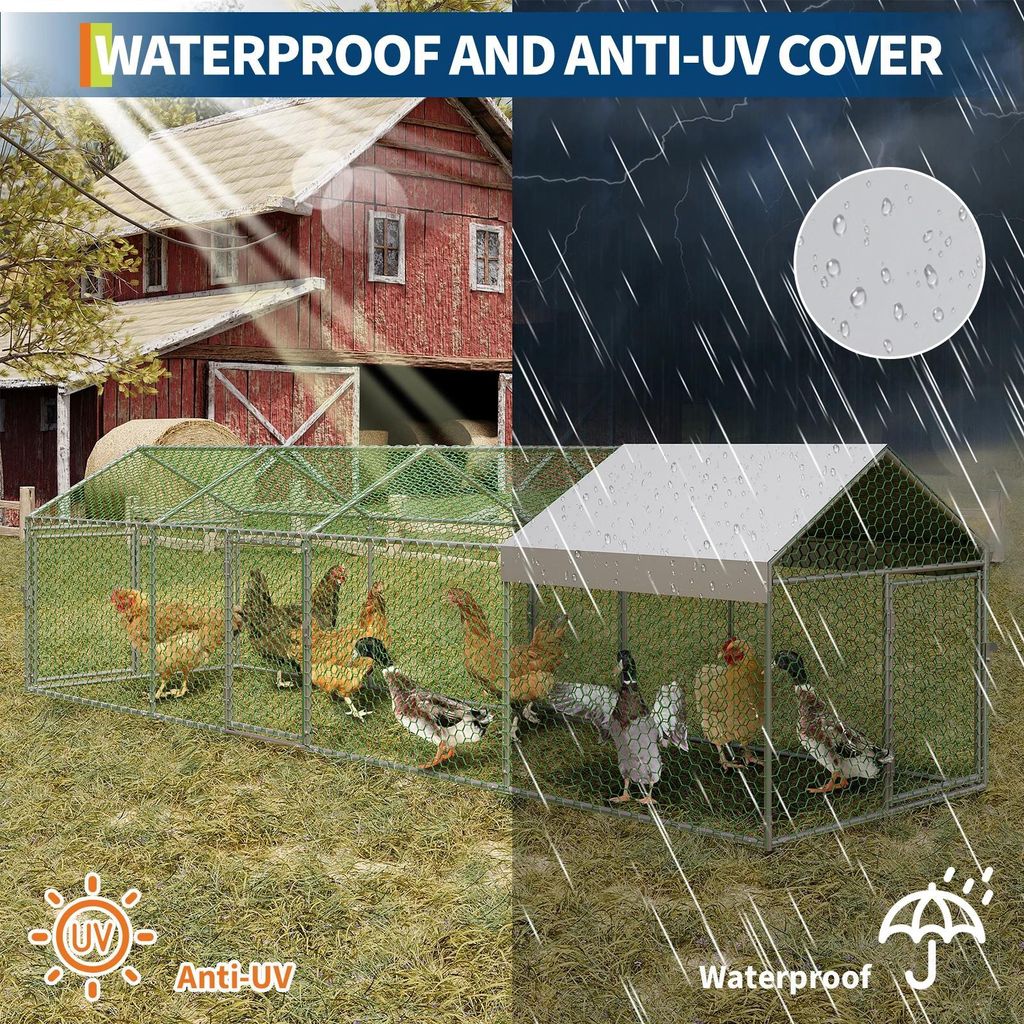 Hühnergehege - Outdoor Metall Voliere - 3 x 1 x 1 m - Mit Tür - Wasserdichte UV-beständige Abdeckung - Eisenrahmen - Weiß