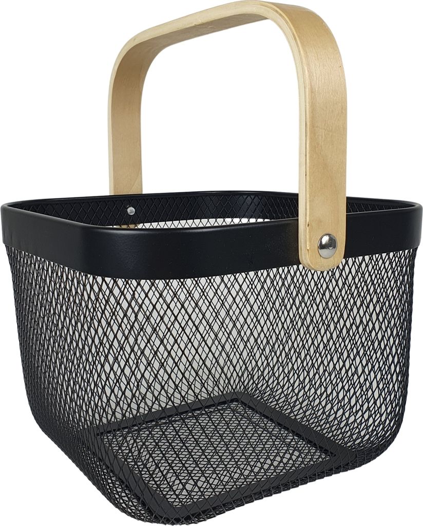 SESUA Aufbewahrungskorb Metall mit Holzgriff schwarz 26x26x18cm Allzweckkorb Drahtkorb Küche Bad Büro Vorratskammer