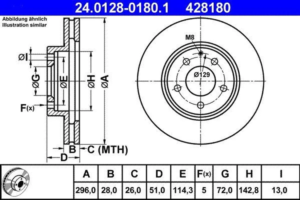 ATE Disque de Frein 24.0128-0180.1 - Remplacement OE L12Y3325X pour MPV