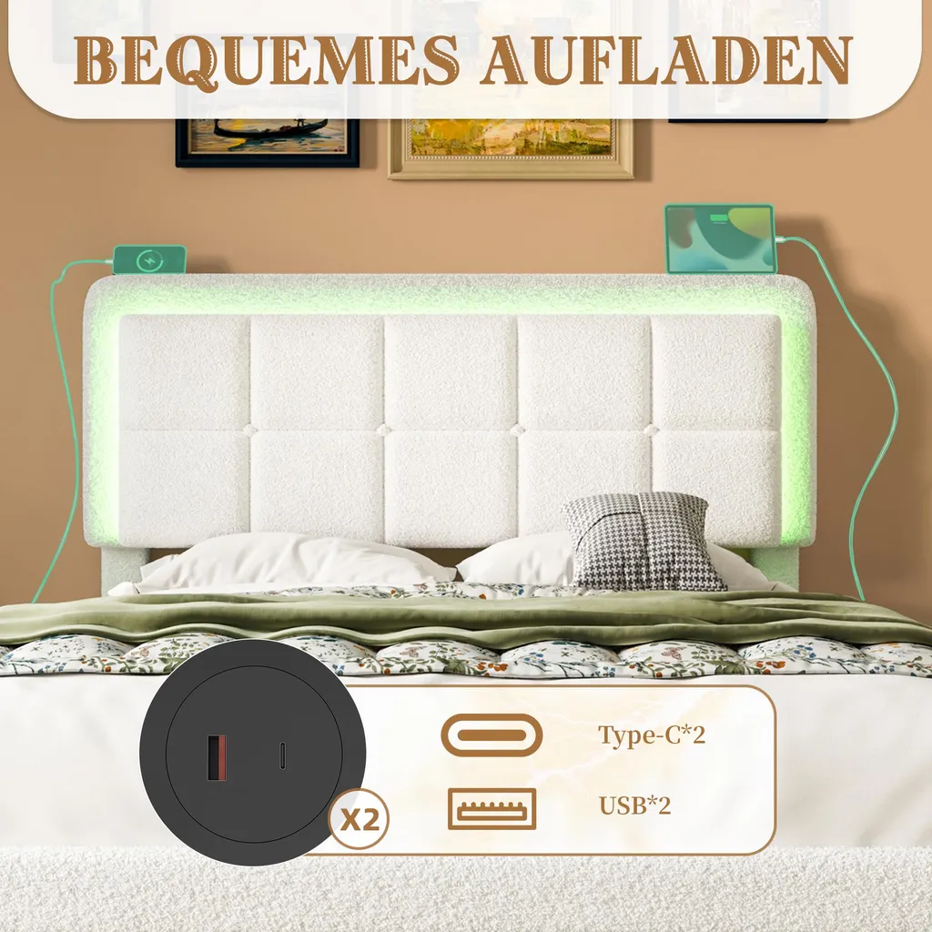 Lit 160x200cm robuste anti-grincement avec tête réglable et USB LED - 6