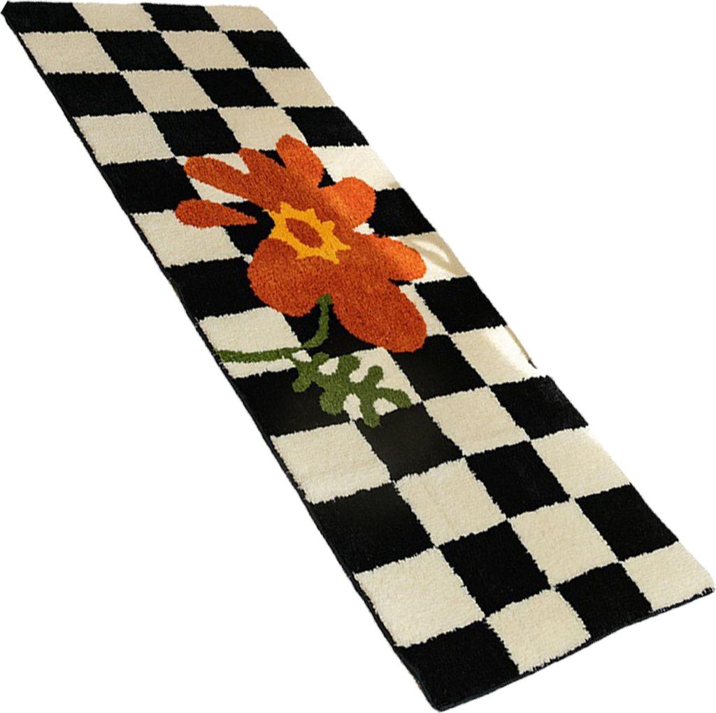 L?uferteppich, schwarz-wei? kariert, Vintage-Stil, wasserabsorbierend, fleckenabweisend, fš¹r Wohnzimmer