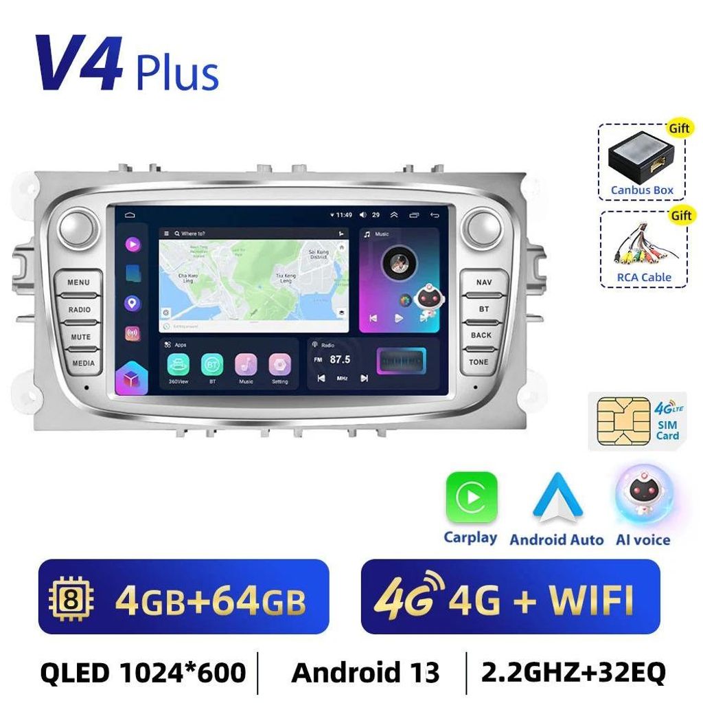Android Autoradio für Ford Focus 2012 - Doppel-DIN - Android 13 - 4 GB RAM 64 GB ROM - 17,8 cm Touchscreen - GPS-Navigation - 4G LTE - RDS 2x USB