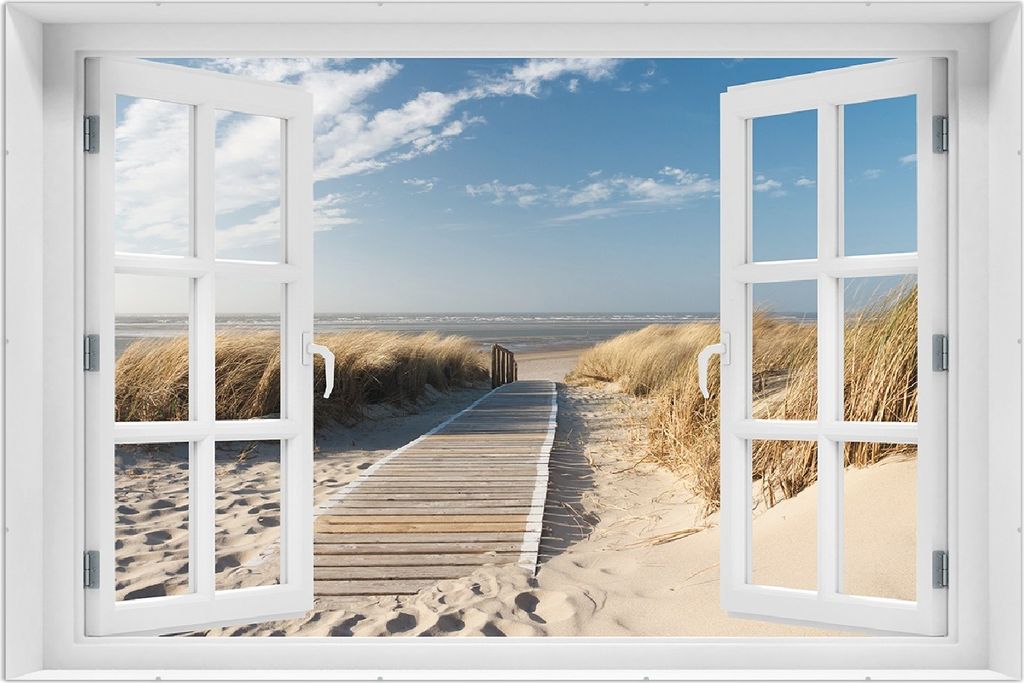 Wallario Wandbild mit Fenster-Illusion: Auf dem Holzweg zum Strand, Größe: 61 x 91,5 cm, Poster mit rahmenlosen Bildhalter