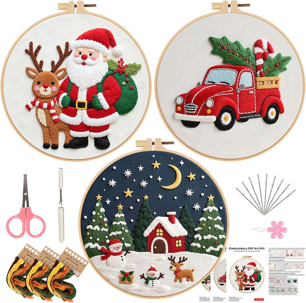 Weihnachts-Kreuzstich-Set für Anfänger, Stickmaterial-Set zum Selbermachen mit Stickrahmen, farbigen Garnen, Nadeln, Anleitung, Weihnachtsbastels...