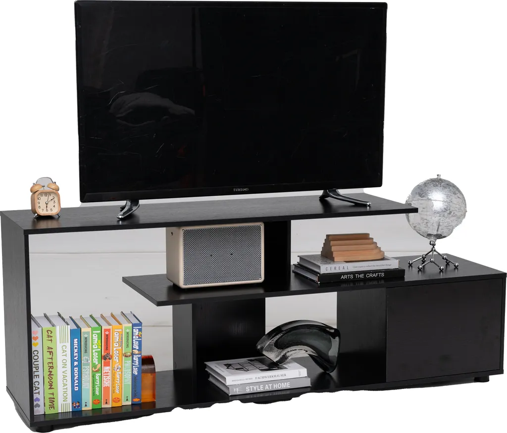Table TV Noire 3 Niveaux avec 5 Pieds de Support pour Écran 55 Pouces