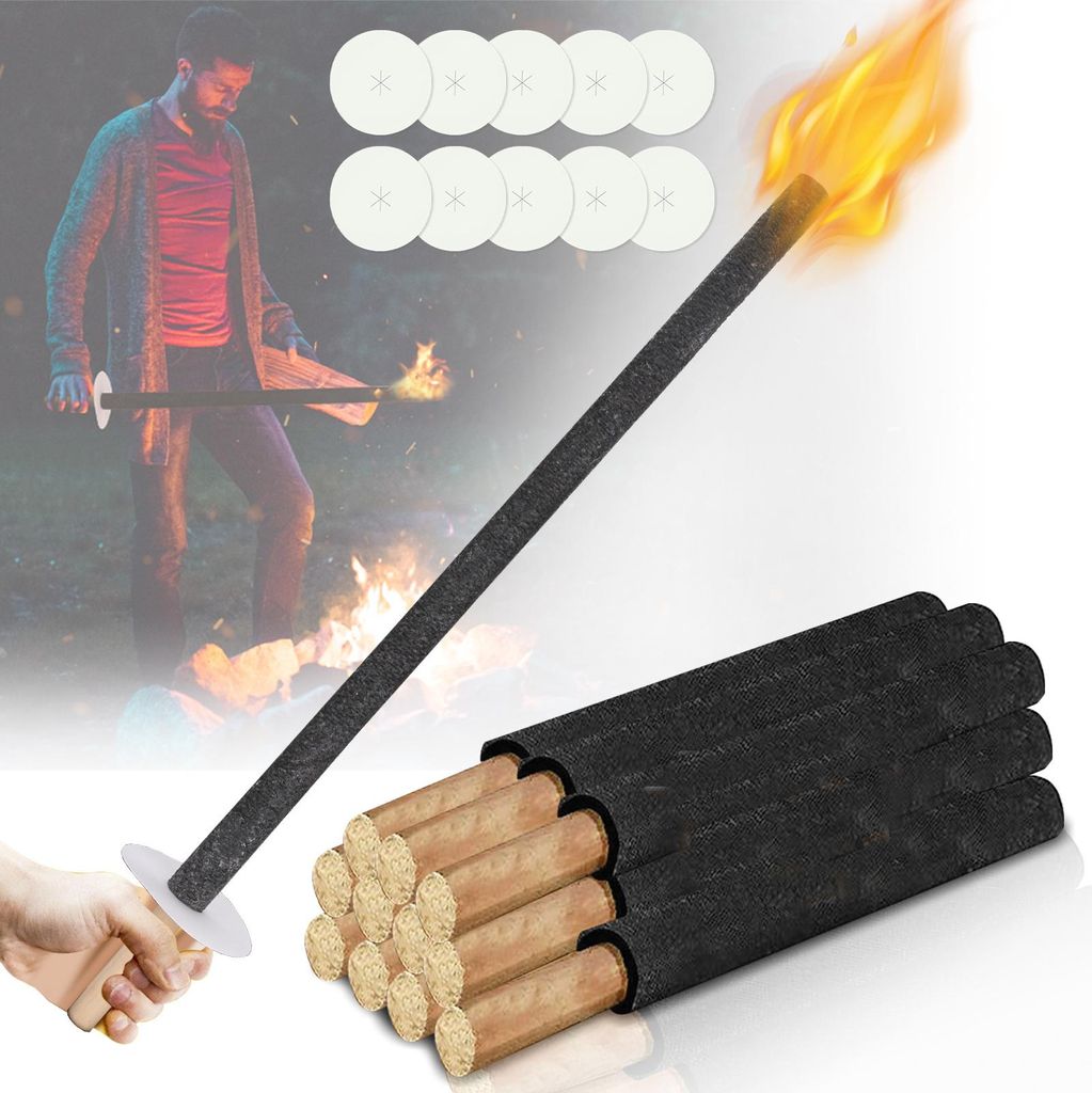 Ikodm 50x Wachsfackeln 42 cm 45 Min, Gartenfackeln mit Tropfschutz & Holzgriff, Fackeln für draußen