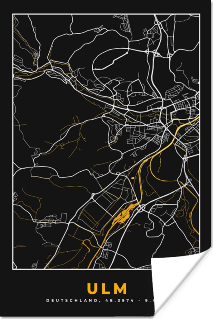 MuchoWow Poster Ulm - Stadtplan - Gold - Karte - Deutschland 60x90 cm - Wanddekoration
