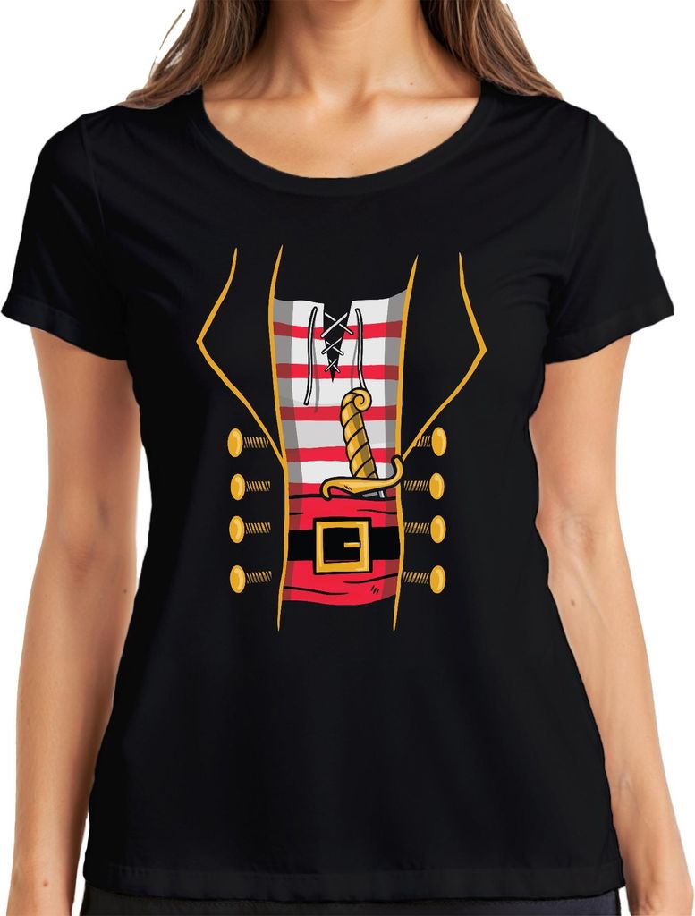 Pirat Korsar Säbel Gürtel gestreift Knöpfe Karneval Vintage Damen T-Shirt, Schwarz, L
