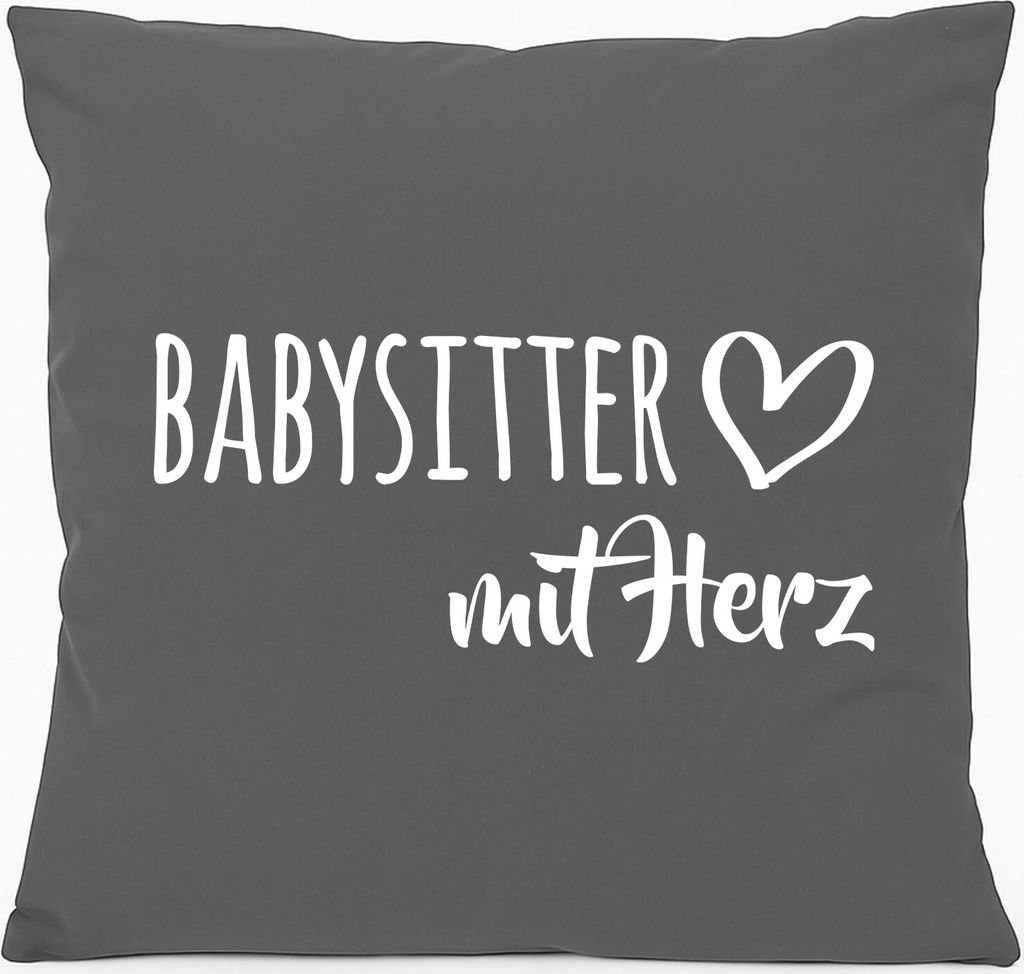 Huuraa Kissen Babysitter mit Herz 40x40cm mit Füllung Steel Grey Baumwolle Dekokissen Geschenkidee