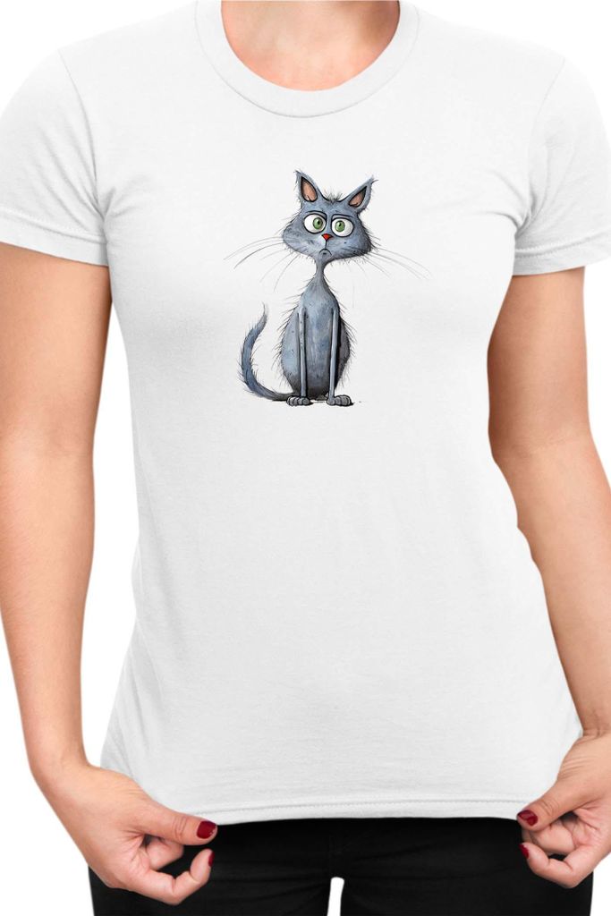 Damen T-Shirt Funny Cats Breeds Blue Cat 027, Lady XL / Weiß