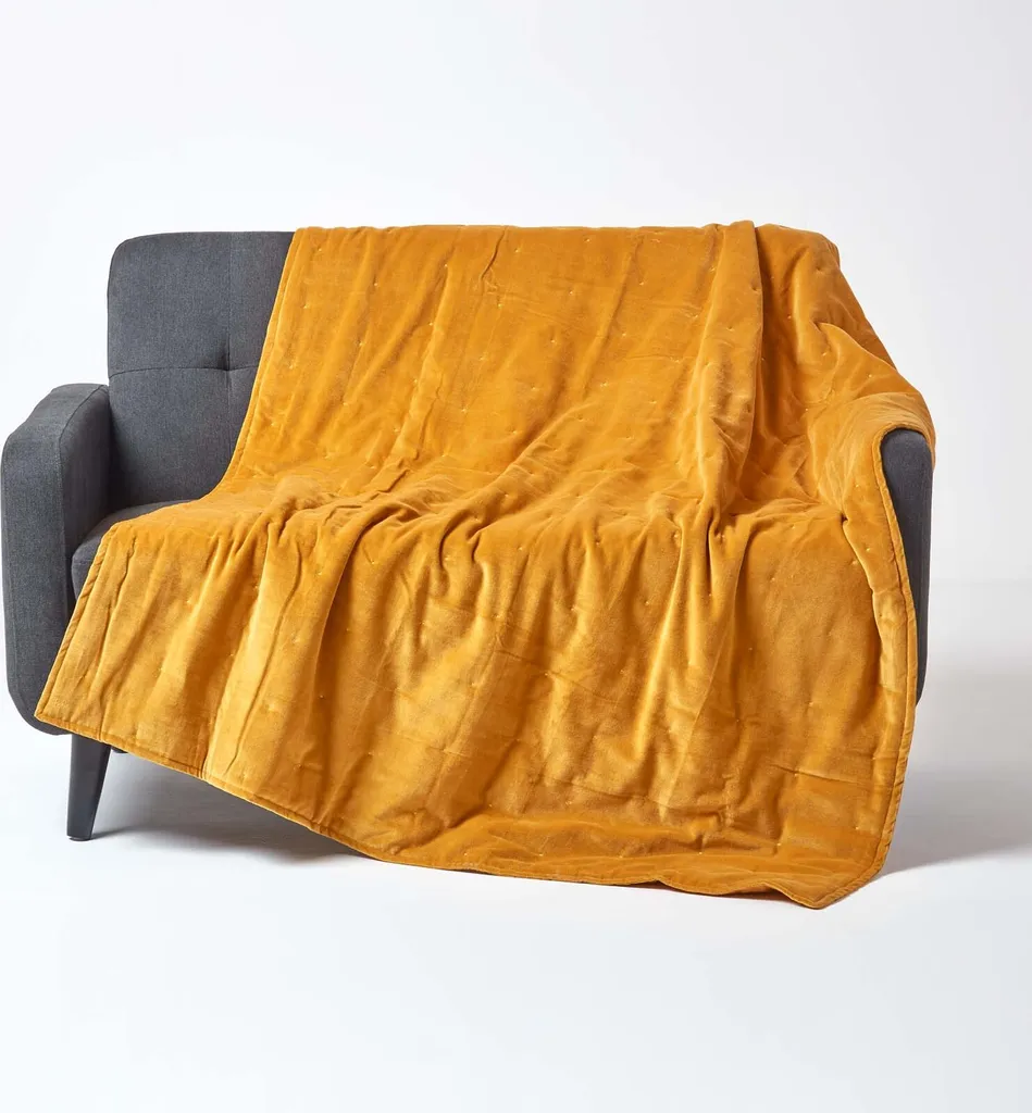 Plaid matelassé jaune moutarde en velours de coton doux 125x150 cm