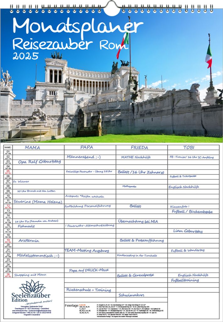 Reisezauber Rom Planer Wandplaner Familienplaner 4 Spaltenplaner DIN A3 Kalender für 2025 Urlaub Mediterran Italien - Seelenzauber