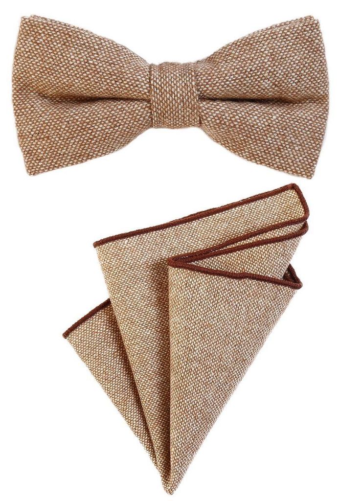 DonDon Herren Fliege 12 x 6 cm gebunden längenverstellbar und Einstecktuch 23 x 23 cm farblich passend aus Baumwolle hellbraun weiß
