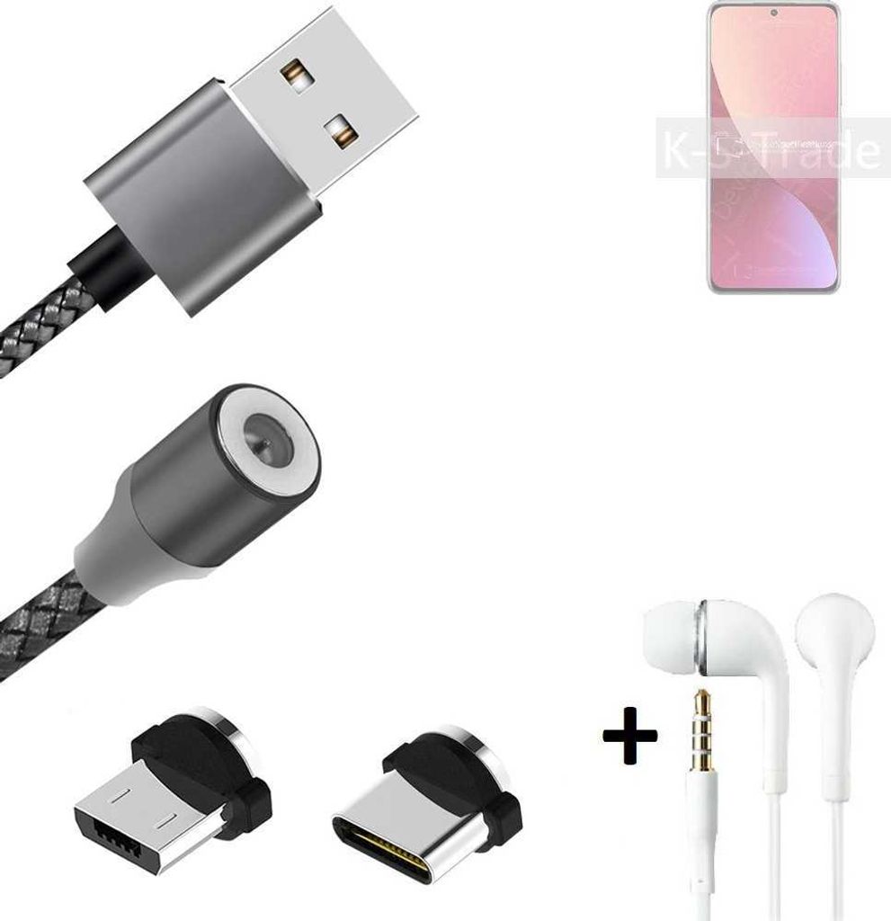 K-S-Trade Hochwertiges Magnet-Lade-kabel Sync-Kabel Daten-Kabel + Kopfhörer kompatibel mit Xiaomi 12S mit USB-Typ-C-Anschluss und