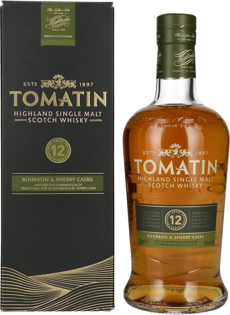 A bottle of Tomatin 12 Year Old Highland Single Malt Scotch Whisky and its packaging are displayed against a white background.