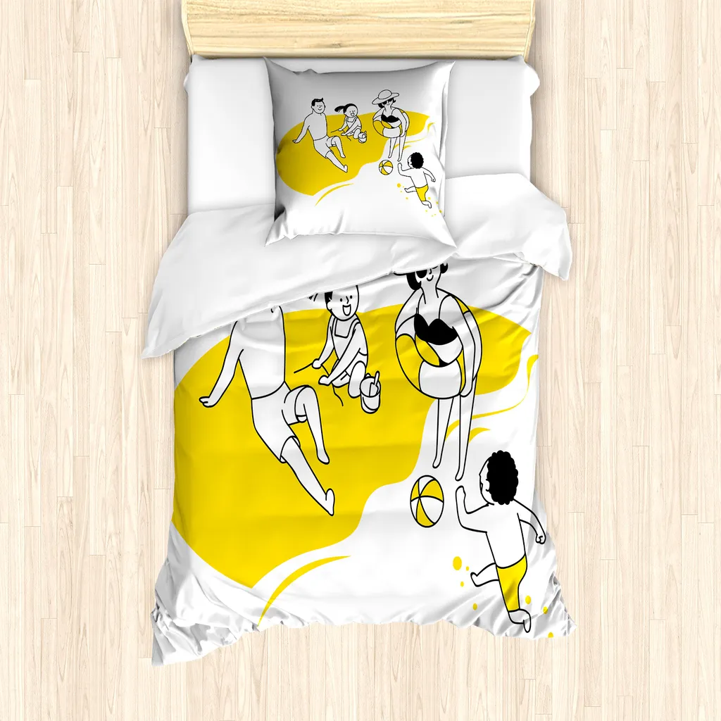Set copripiumino estivo ABAKUHAUS per letti singoli, Famiglia felice sulla spiaggia, Antiacaro, Adatto a chi soffre di allergie, con federa, 135 cm x 200 cm - 80 x 80 cm, Giallo, Nero e Bianco