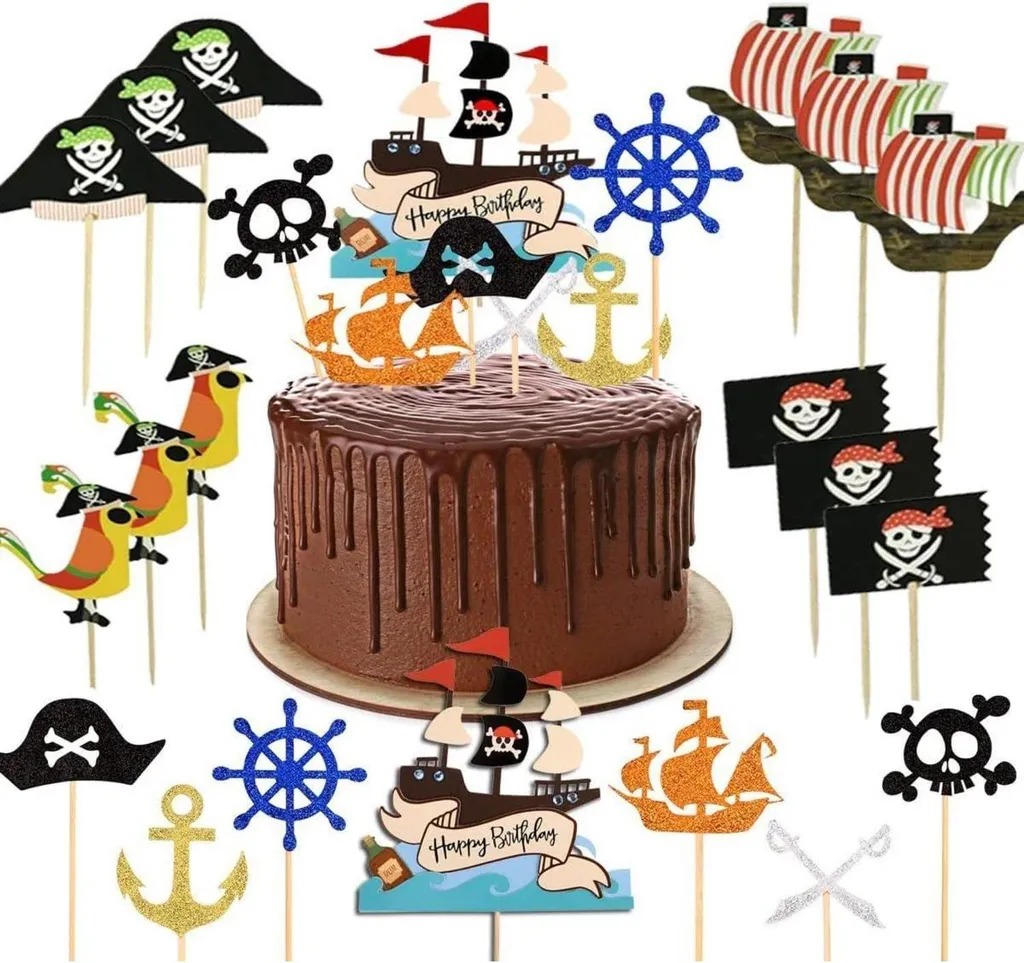 Decorazioni Torta Pirata 31 Pezzi - Topper Nave Glitterata di Lusso