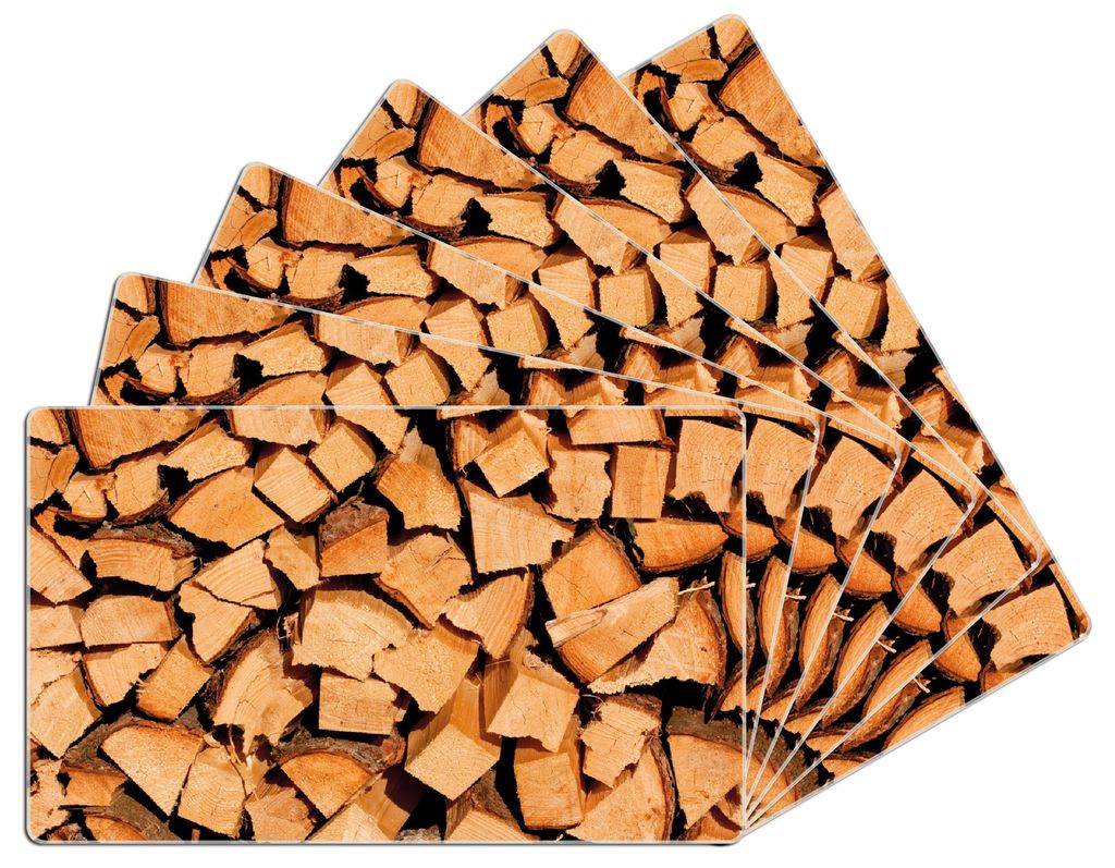Wallario Frühstücksbrettchen 6er Set aus Glas, je 14 x 23 cm, mit rutschfesten Füßen, Motiv Holzstapel gehackt - Holzscheite für den Kamin