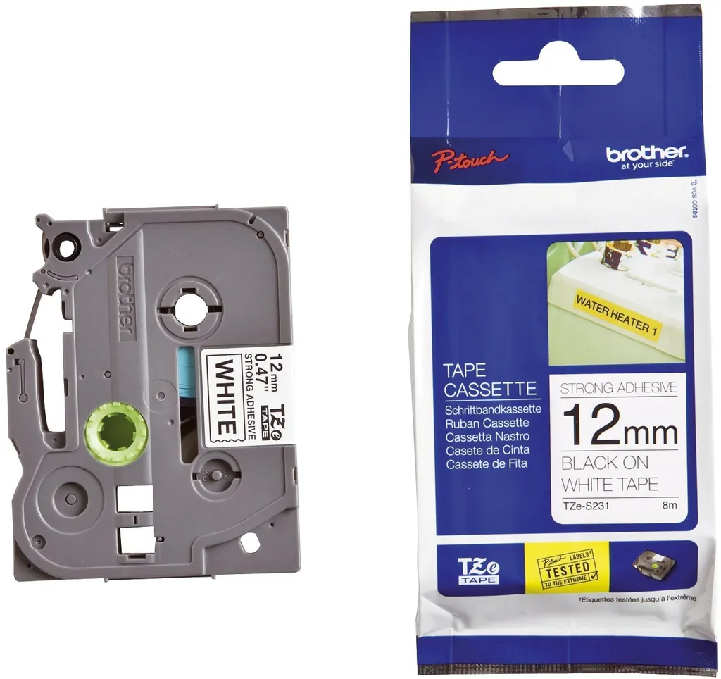 Étiquettes Brother TZe-S231 pour Marquage Durable 12mm Noir et Blanc