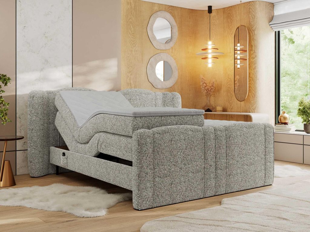 MKS MEBLE Boxspringbett mit motor FORTINA 180x200 cm elektrisch verstellbar 7-Zonen Multipocket Matratze Bettkasten Polsterbett - Beige Strukture - H4