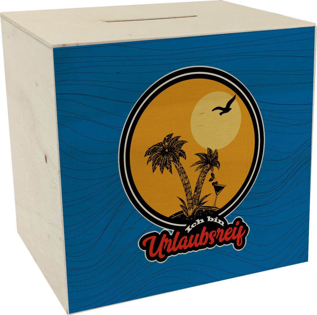 Ich bin Urlaubsreif Spardose aus Holz mit Palmen