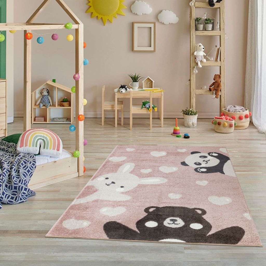 Kinderteppich Bär Panda Hase Teppich für Kinderzimmer Pastellfarben Schadstofffrei Größe: 80 x 150 cm, Rosa