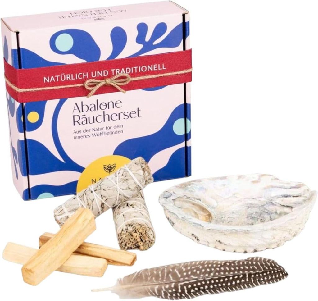 Premium Räucherset, Weißer Salbei & Palo Santo zum Räuchern, Meditation mit Abalone-Muschel 14–17 cm, Feder & Geschenkbox, Spirituell Yoga Rit...