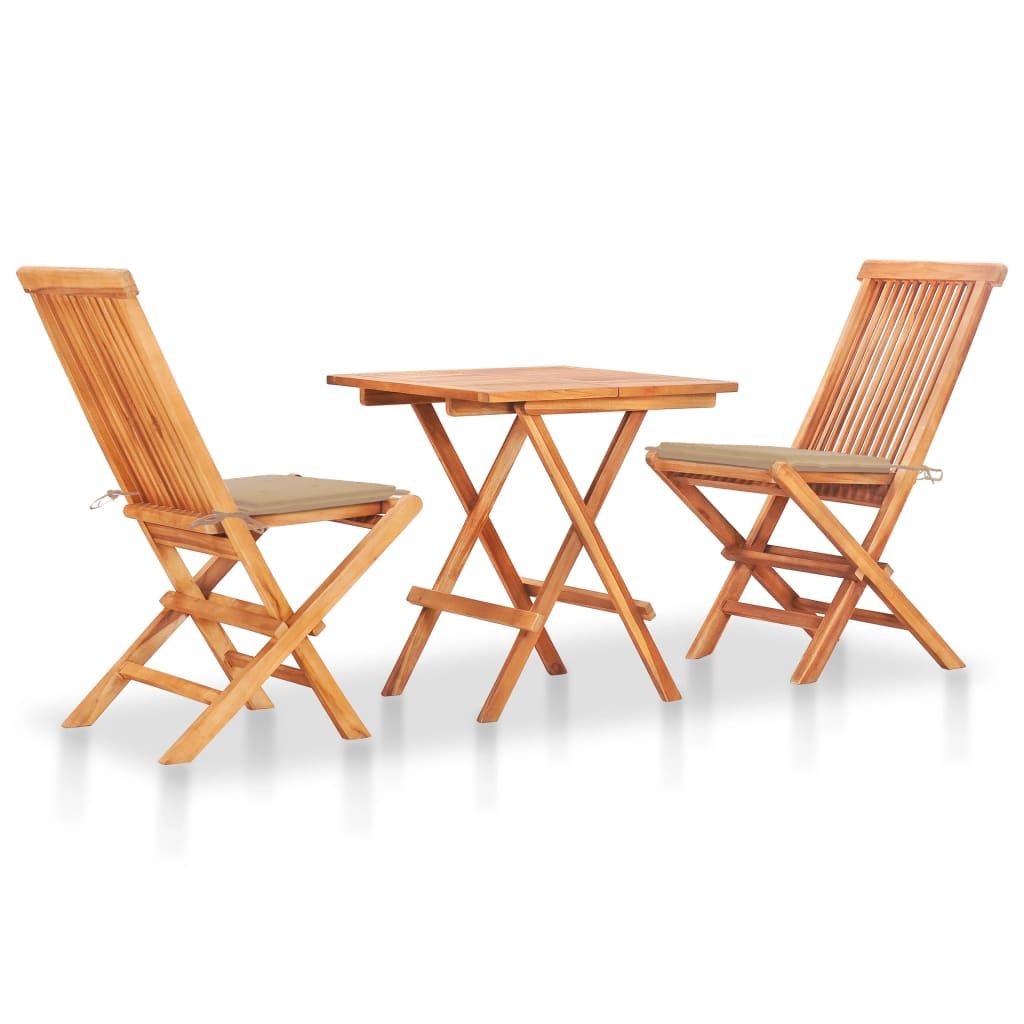 The Living Store 3-tlg. Bistroset mit Beigen Kissen Massivholz Teak