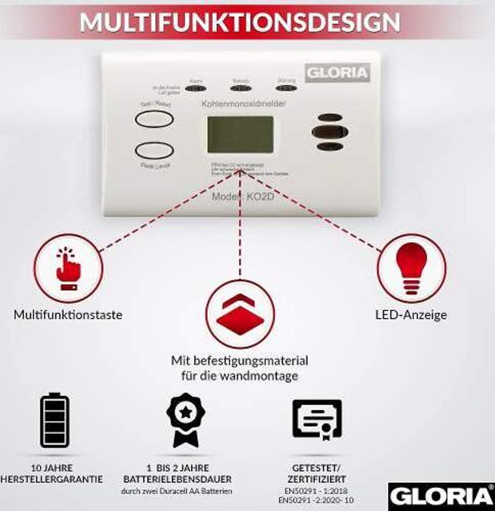 Gloria 002518.0571 Bateryjny detektor tlenku węgla wykrywa Zdjęcie produktu 9
