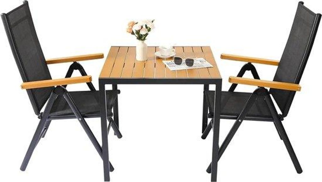 Gartenmöbel-Set - Balkonmöbel-Set - Kleines Gartenmöbel-Set - 2 Personen - Tisch und 2 Stühle - Verstellbare Gartenstühle - Holz-Optik Kunstst...