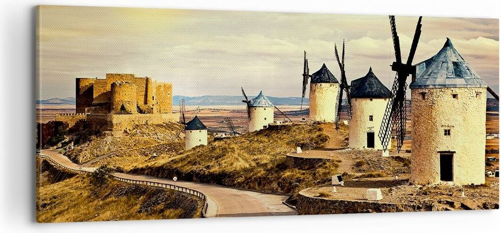 Bild auf Leinwand - Leinwandbild - Windmühle andalusien landschaft - 100x40cm - Wand Bild - Wanddeko - Leinwanddruck - Bilder - Kunstdruck - Leinw...