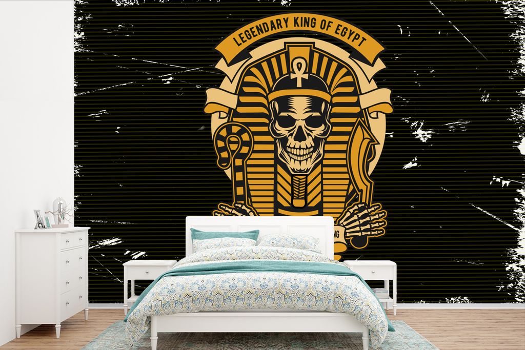 MuchoWow Fototapete für Wohnzimmer oder Schlafzimmer Wandtapete Vinyl Motivtapete Pharao - Skelett - Retro - Zeichnung - 600x400 cm - Vinyltapeten