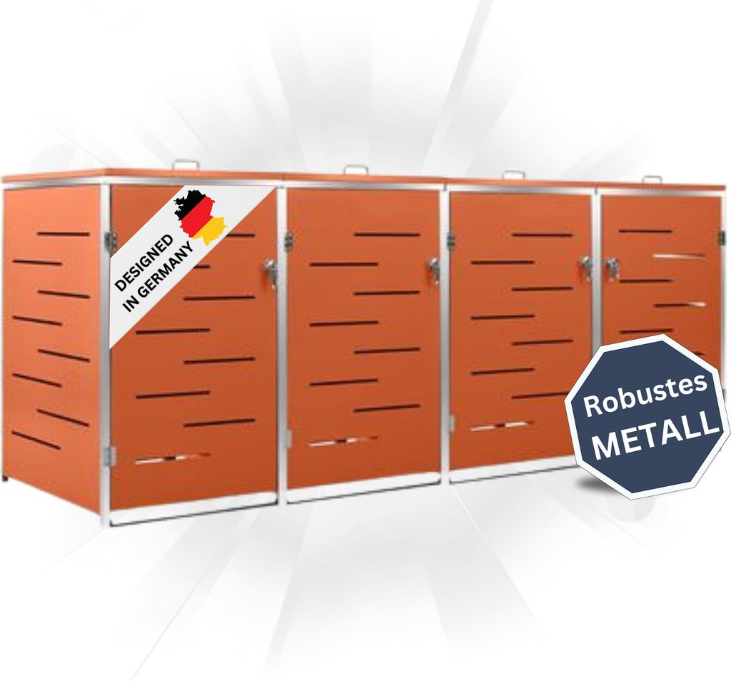 DELUKE 4er Mülltonnenbox JAGU Edelstahl | Orange | 115,5x276,5x77,5cm | Mülltonnenverkleidung für 4 Tonnen 240L Müllbox aus Metall Mülltonne...