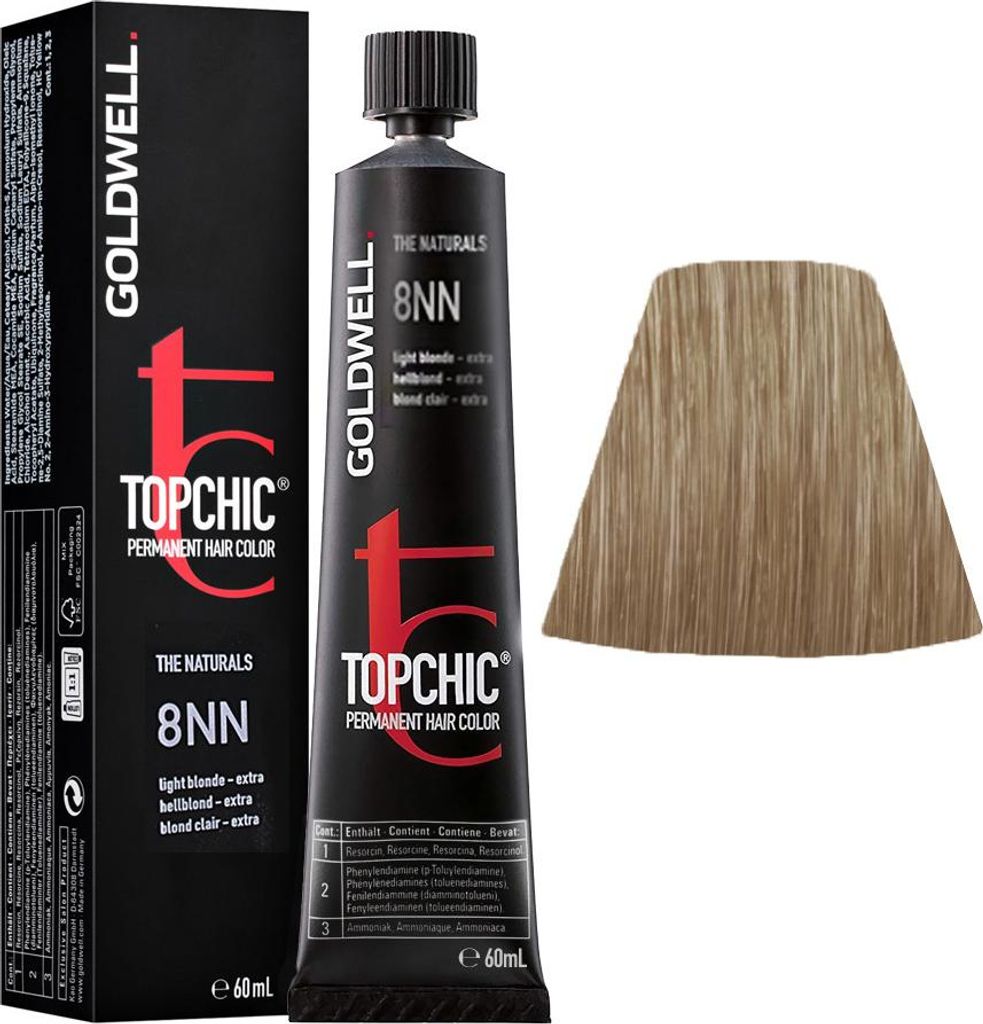 A box and tube of Goldwell Topchic permanent hair color, along with a swatch of the hair color.