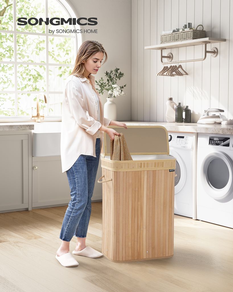 SONGMICS Wäschekorb mit Deckel, Wäschesammler Bambus, Produktbild 