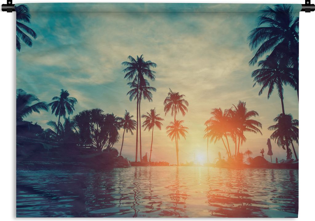 MuchoWow Wandteppich Wandbehang Meer - Sonnenuntergang - Palme - Wolken 90x67.5 cm Tapisserie Dekoration Wandtuch - Fototeppich - Wand-Skulpturen