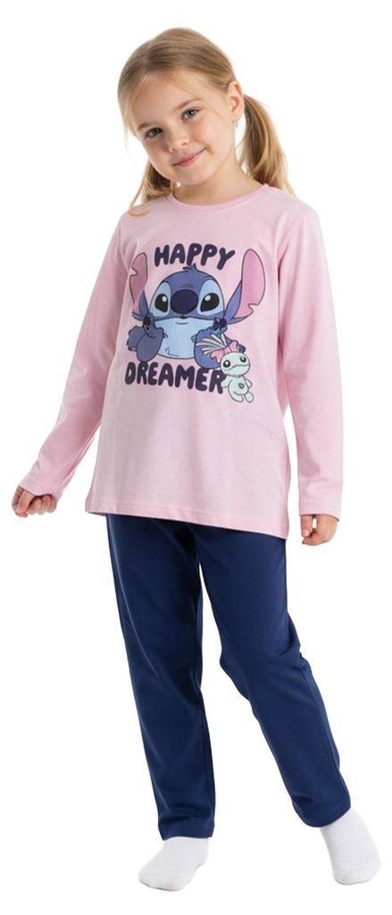 Disney Lilo & Stitch Schlafanzug für Mädchen - Happy Dreamer Kinder Pyjama Set Langarm Oberteil mit Hose Rosa/Blau 122-128