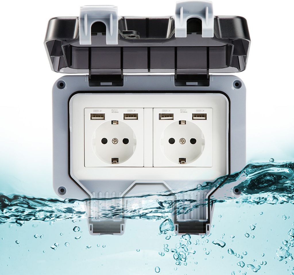 2 Gang IP66 Aufputz Feuchtraum Wasserdichte Steckdosen Wandsteckdose mit Deckel Außensteckdose Gartensteckdose mit USB Port
