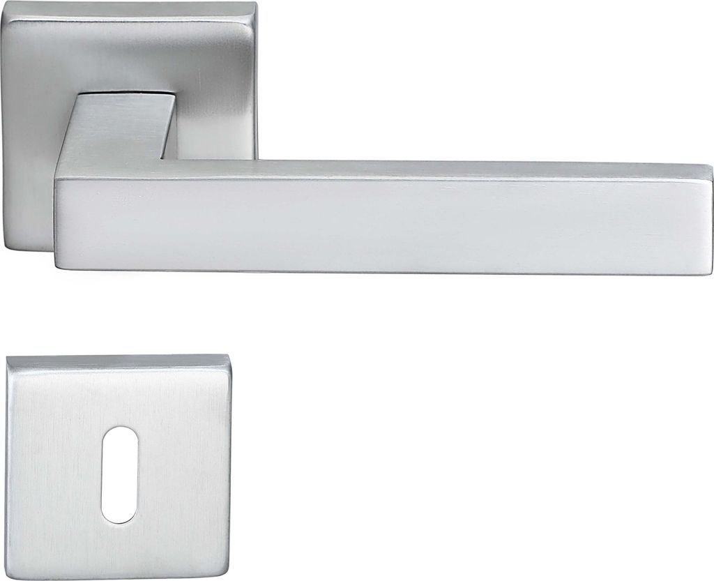 A silver door handle set with a square escutcheon plate, presented against a white background.