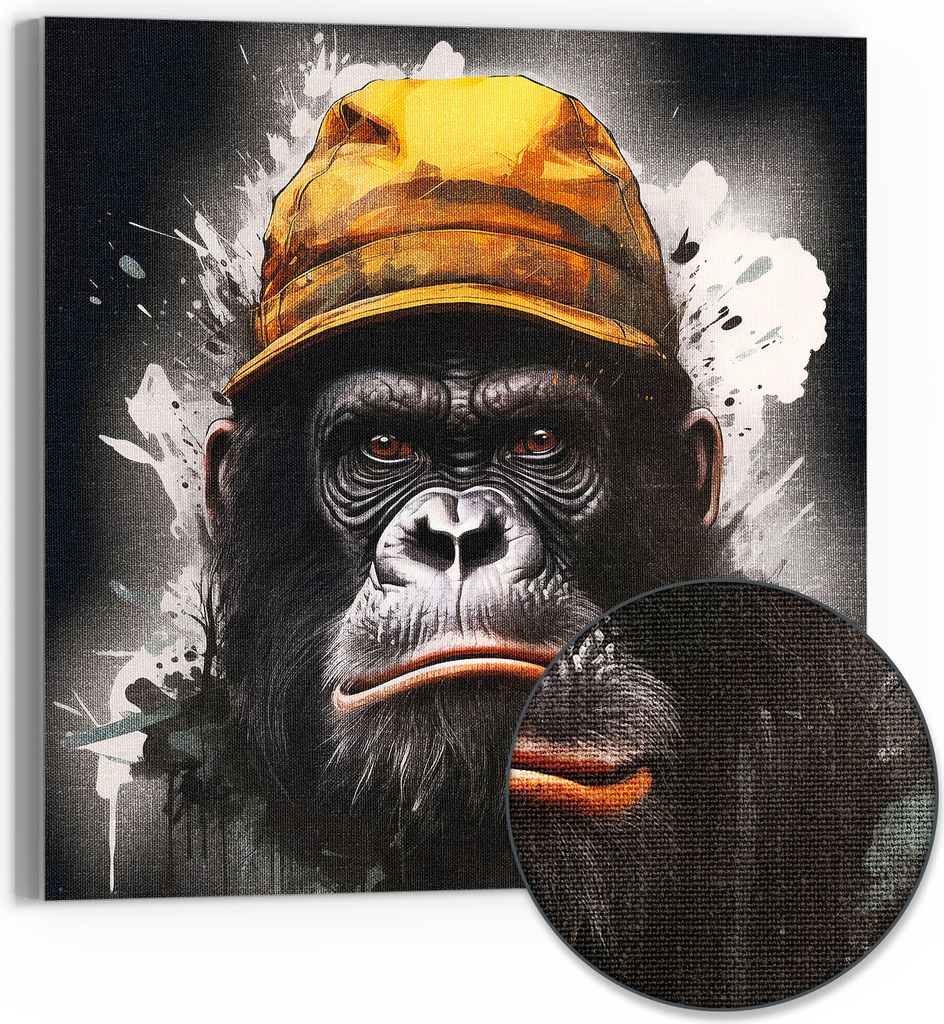 DEQOART Hybrid Leinwand Bild 50x50 cm 'Gorilla am Bau' Wandbild Glas flach modern