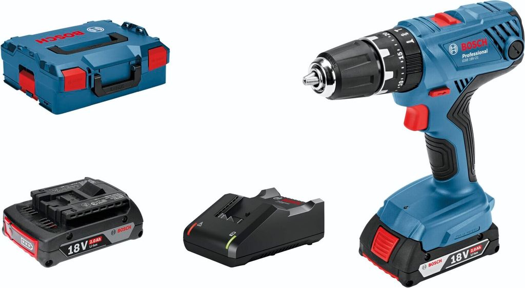 A collage of a Bosch cordless drill and its accessories.