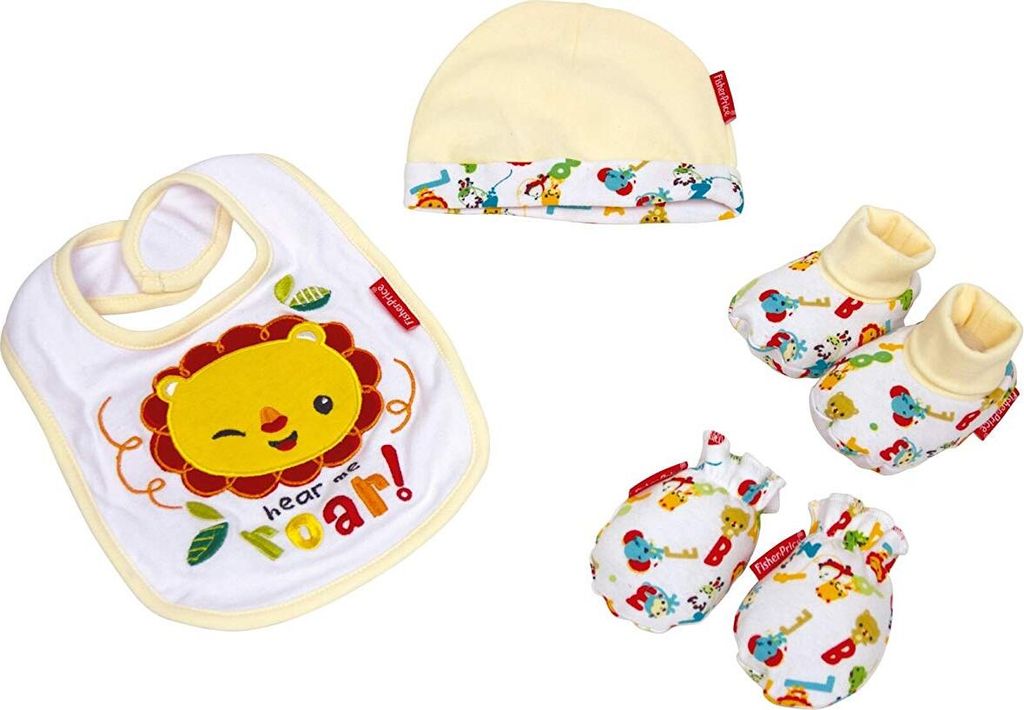 Fisher-Price 4tlg-Babyset - Hausschuhe + Laetzchen + Mütze + Faeustlinge - Geschenkset