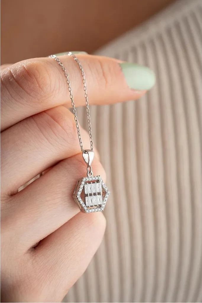 Collier Hexagon rhodié argent 925 avec Zirconia Baguette éclatant Modern