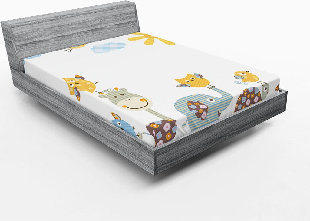 ABAKUHAUS Kindergarten Spannbetttuch, Jolly Jungle Creatures glücklich in einem sonnigen Tag Cute Animals Walking, 140 x 200 cm, Hellgrün Blassblau