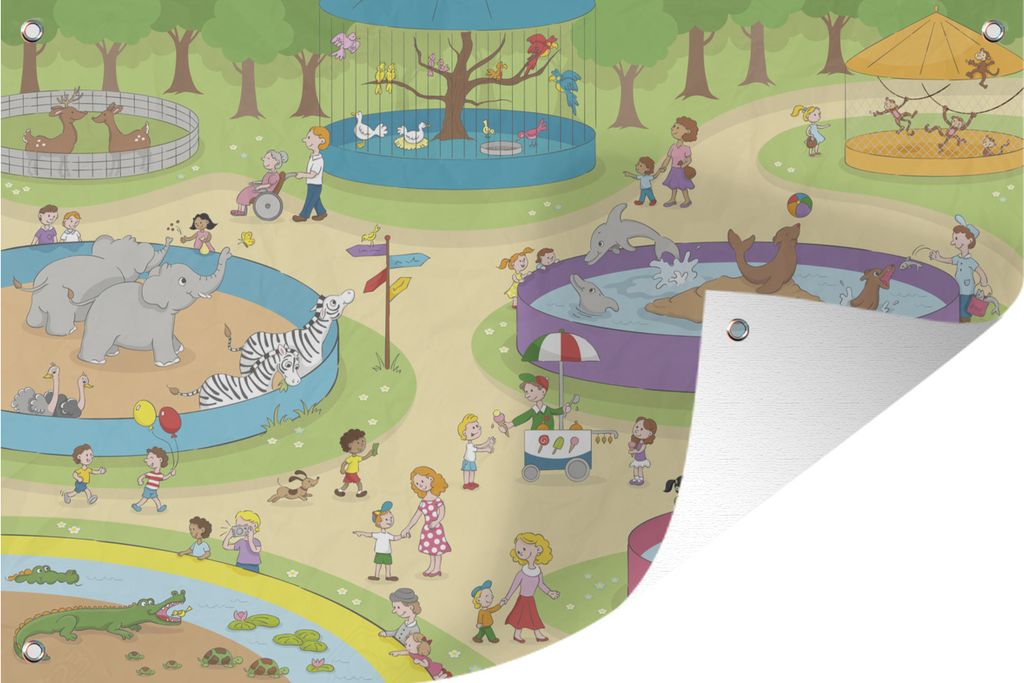 MuchoWow 90x60 cm Outdoor-Poster Gartendeko Sichtschutz Garten Poster für den Garten Eine Illustration eines Tages im Zoo