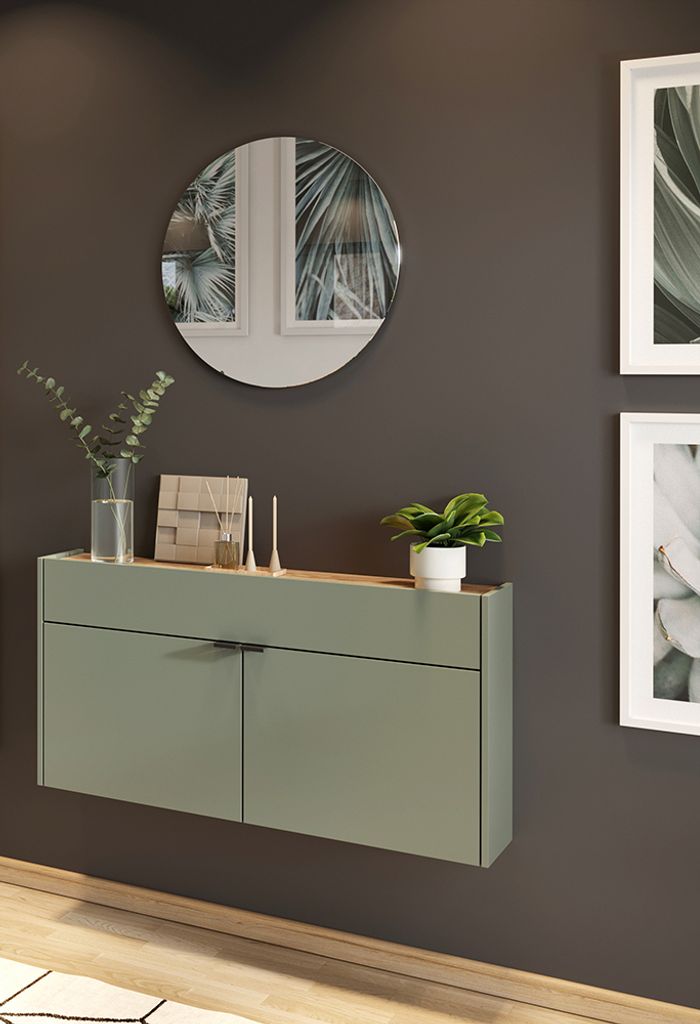 Garderobe Flurgarderobe schmal in grün mit Eiche ABERDEEN-01 modern 2-teilig mit Schuhschrank und Spiegel