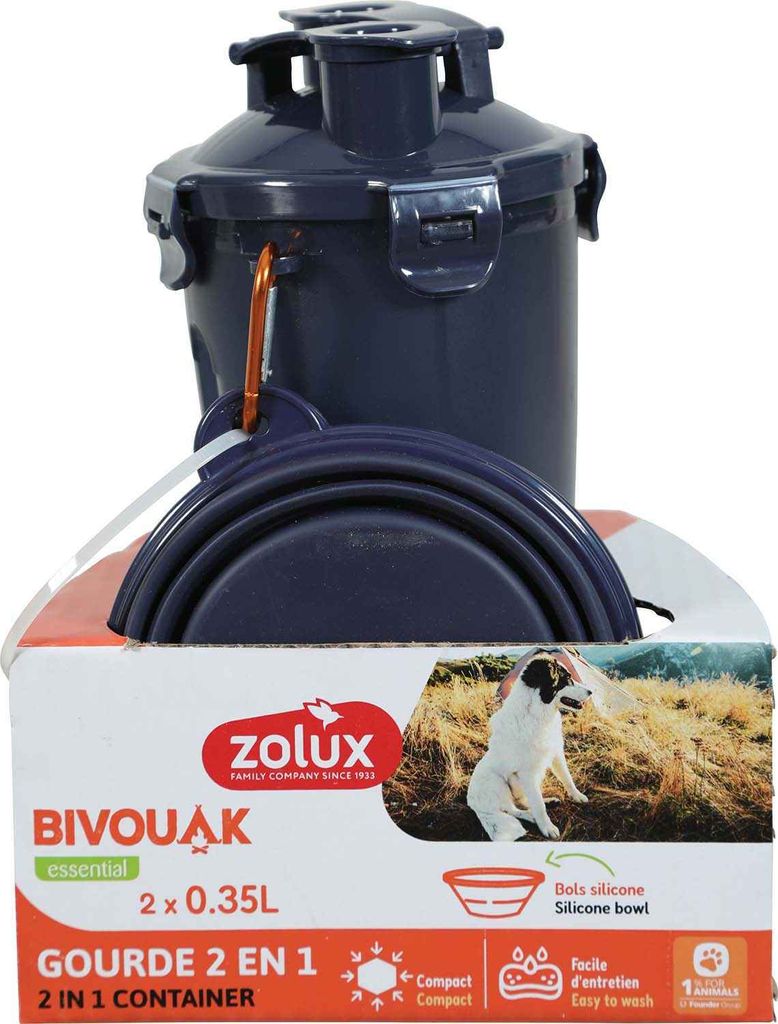 Zolux BVK 2in1 Reiseset Flasche mit Futternapf und Trinknapf blau
