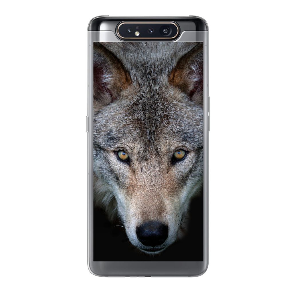 MuchoWow Handyhülle Schutzhülle Hülle für Samsung Galaxy A80 Wolf - Porträt - Schwarz Silikon Softcase Handy Hülle - Schutzdeckel